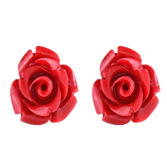 Ladies S925 Sterling Silver Red Rose Temperament Simple Earrings-Jewearrings