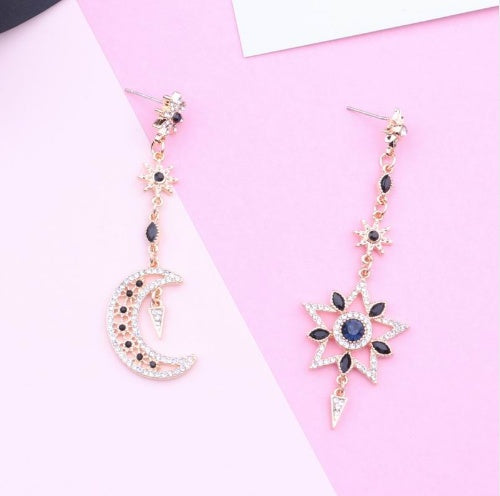 Star Moon Asymmetric S925 Silver Needle Drop Earrings-Jewearrings