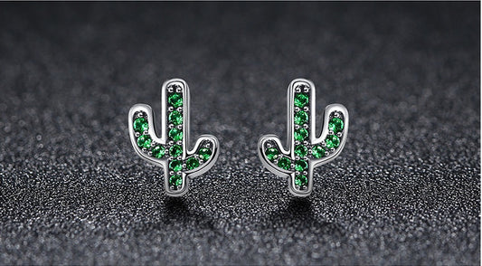 Green Cactus Sterling Silver Earrings-Jewearrings