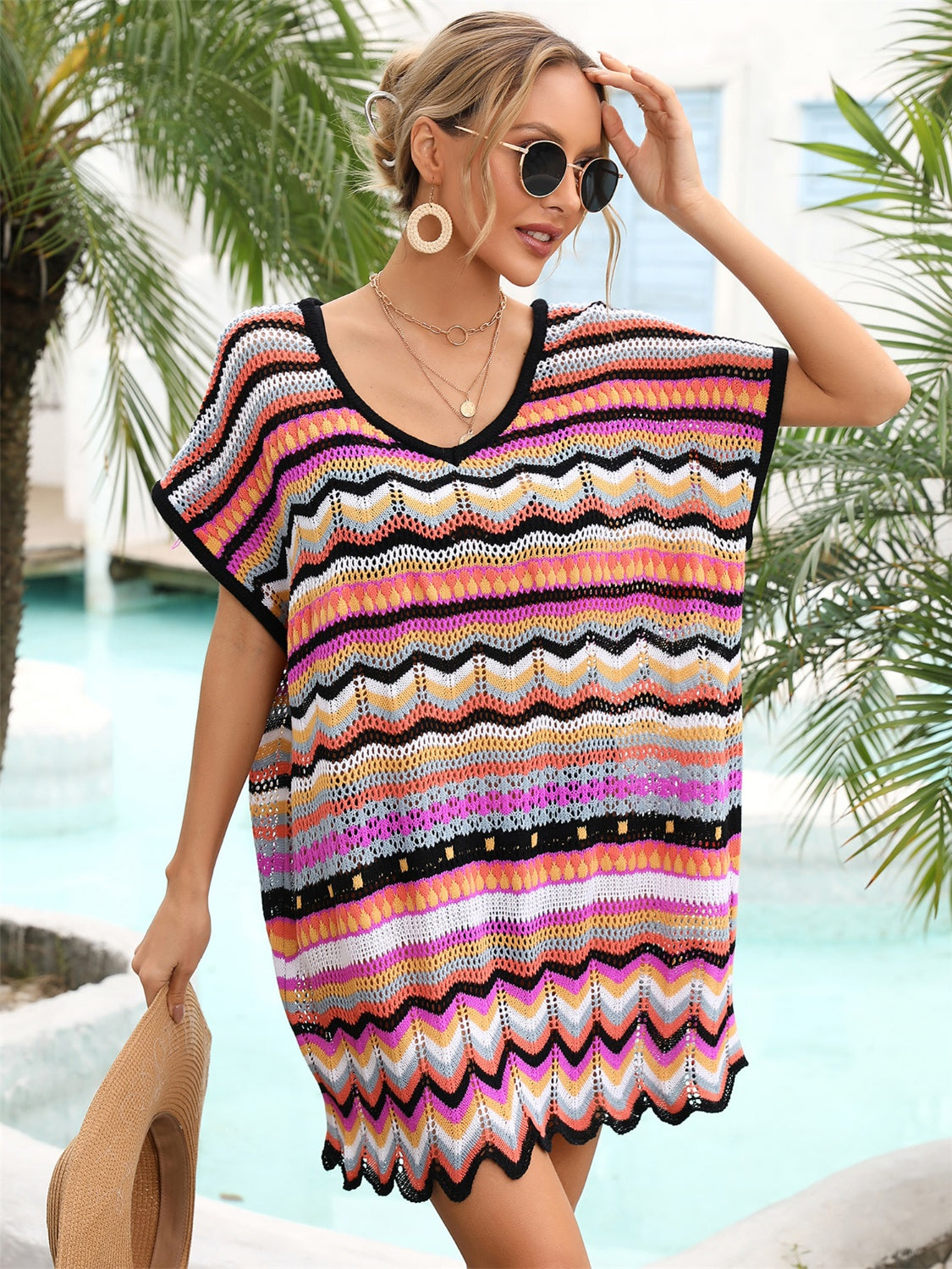 Rainbow Stripe Scalloped V-Neck Cover-Up Dress-Jewearrings