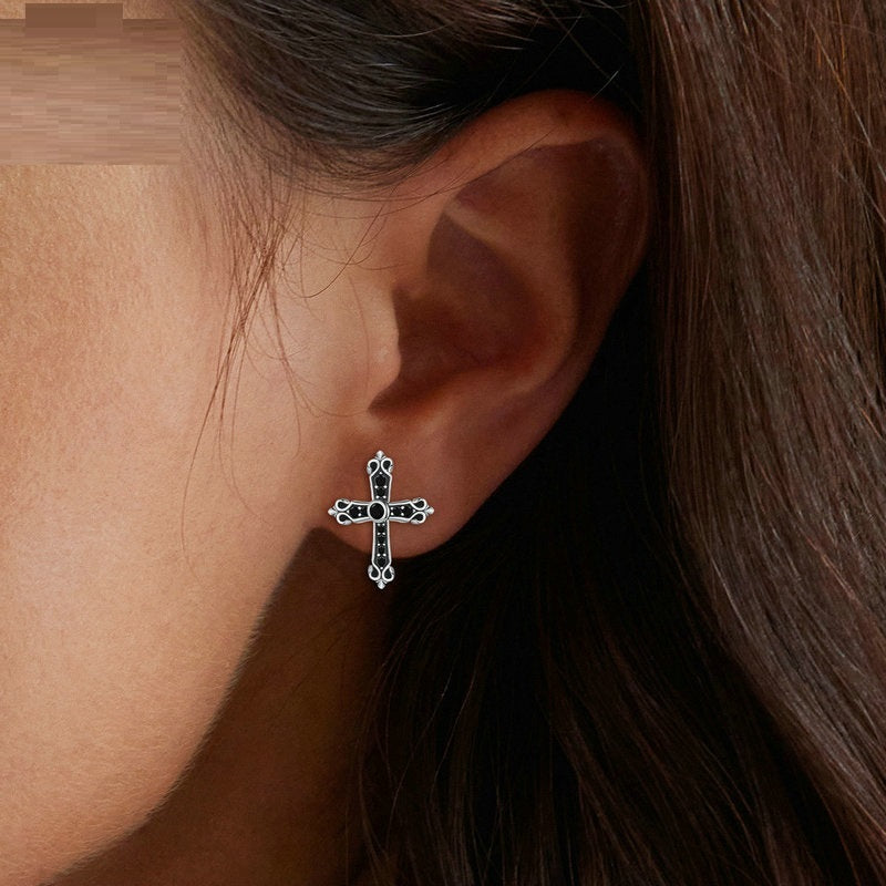 European And American Style Simple Black Vintage Cross Stud Earrings S925 Sterling Silver-Jewearrings