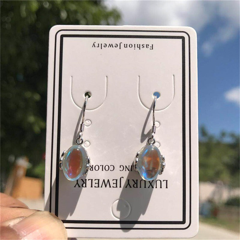 Moonstone Teardrop Earrings Oval Opal Copper Droplets Dangle Earrings-Jewearrings