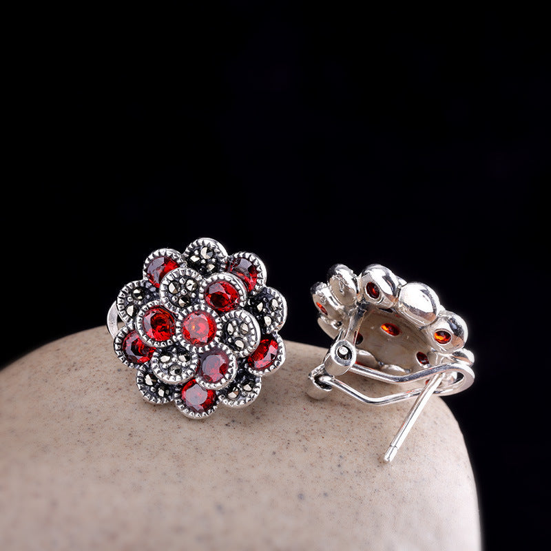 Ladies 925 Silver Jewelry Flower Red Zircon Earrings-Jewearrings