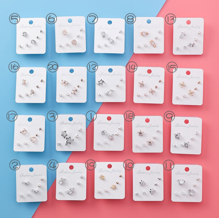 Japan and South Korea mini series set bow earrings 6 sets of stars flowers shine zircon earrings small ear bone nails-Jewearrings