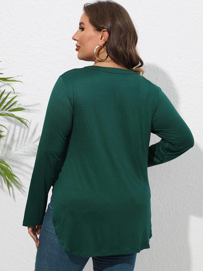 Plus Size Round Neck Long Sleeve Slit T-Shirt-Jewearrings