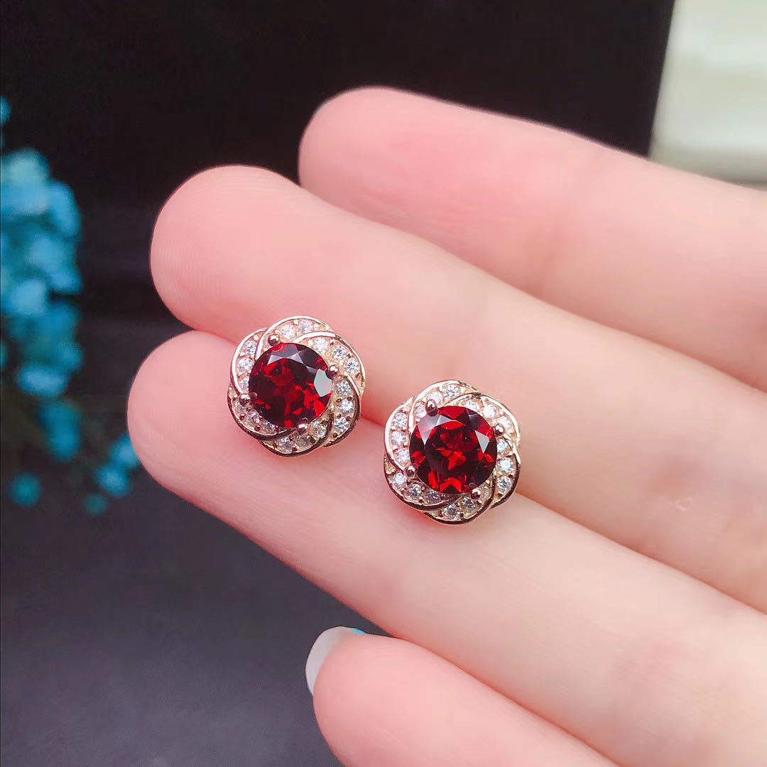 Garnet Stud Earrings 925 Silver Inlaid Colored Gems Jewelry-Jewearrings