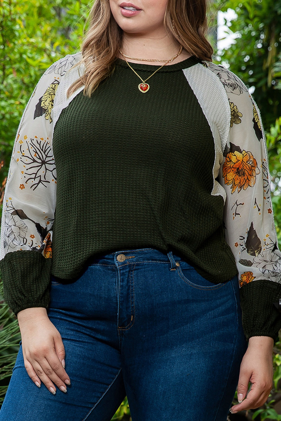 Plus Size Floral Waffle-Knit Round Neck Blouse-Jewearrings