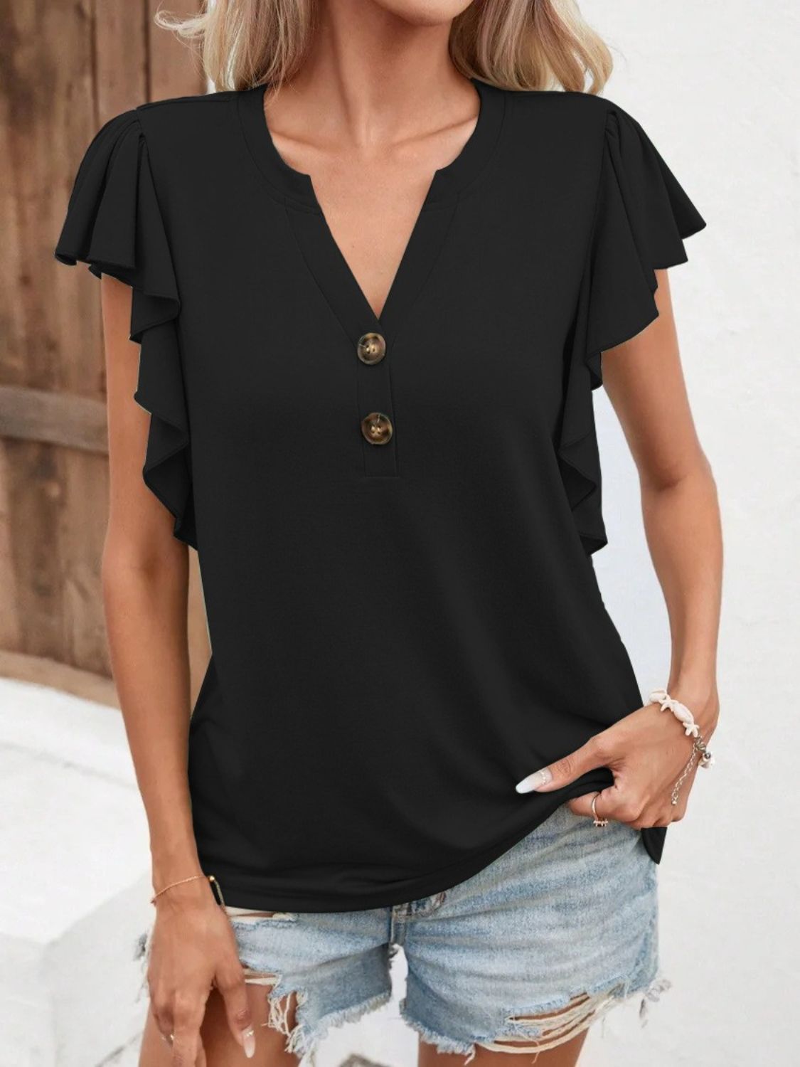 Full Size Ruffled Notched Cap Sleeve T-Shirt-Jewearrings