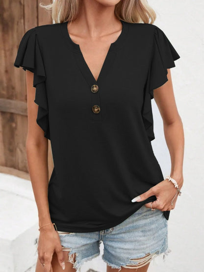 Full Size Ruffled Notched Cap Sleeve T-Shirt-Jewearrings