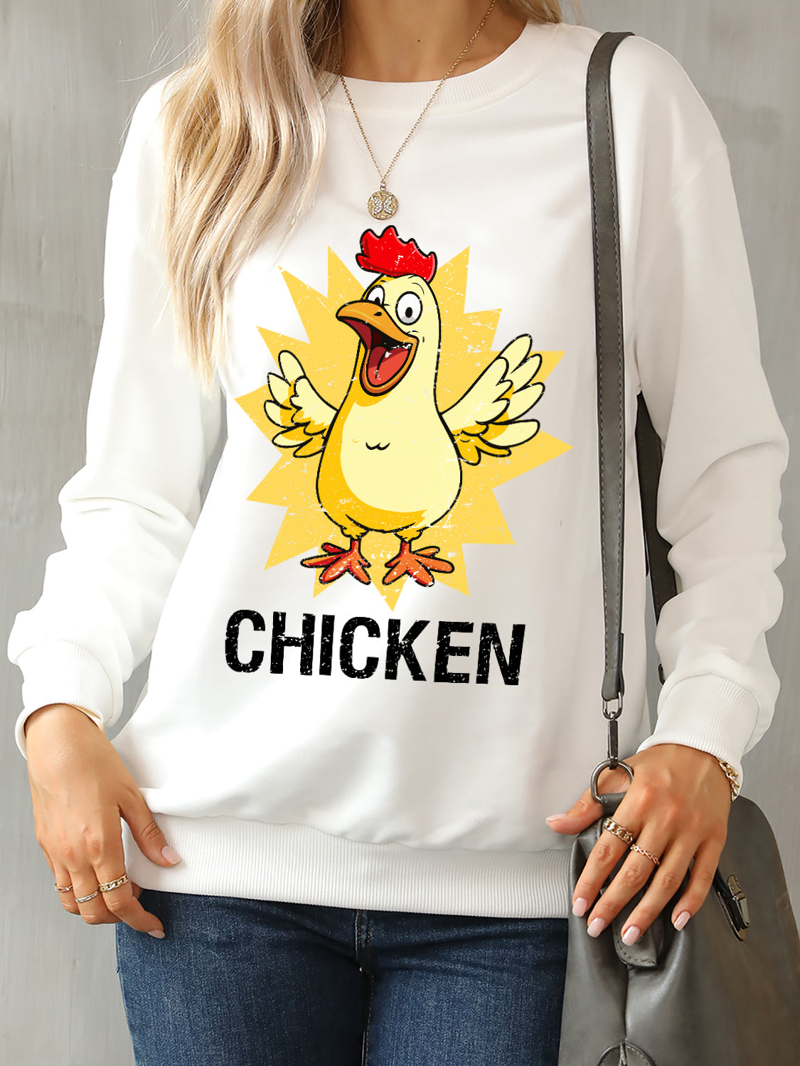 CHICKEN Round Neck Dropped Shoulder Sweatshirt-Jewearrings