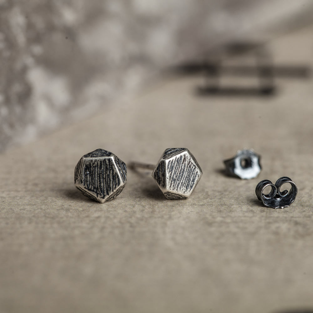 S925 Sterling Silver Pentagonal Cube Brushed Earrings Unplanned-Jewearrings