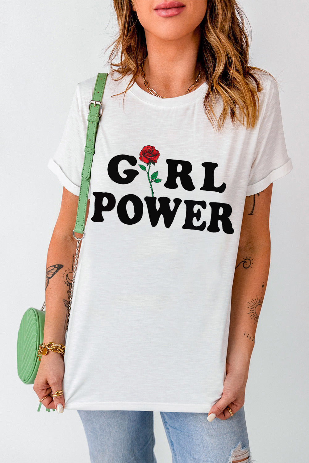 GIRL POWER Rose Graphic Tee Shirt-Jewearrings