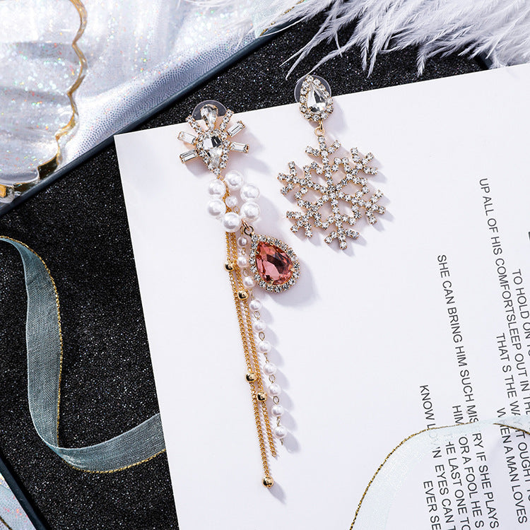 Korean fashion exaggerated asymmetric snowflake earrings long drop jewel tassel pearl earrings hipster earrings-Jewearrings