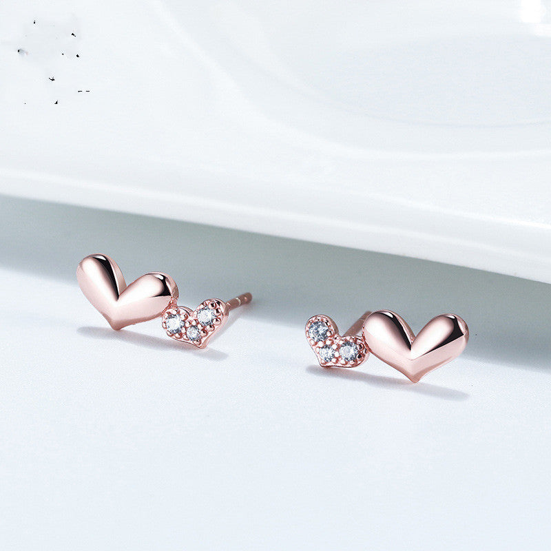 Temperament Heart-shaped Zircon Earrings Rose Gold Double Heart Earrings-Jewearrings