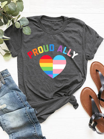 PROUD ALLY Round Neck Short Sleeve T-Shirt-Jewearrings