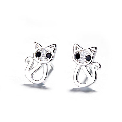 Sterling Silver Black Eye Cat Stud Earrings-Jewearrings