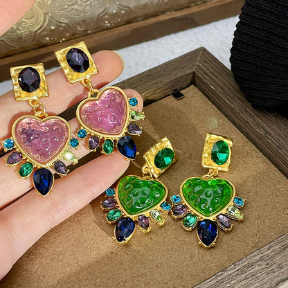 Vintage Heart-shaped Glass Stud Earrings Mixed Color-Jewearrings