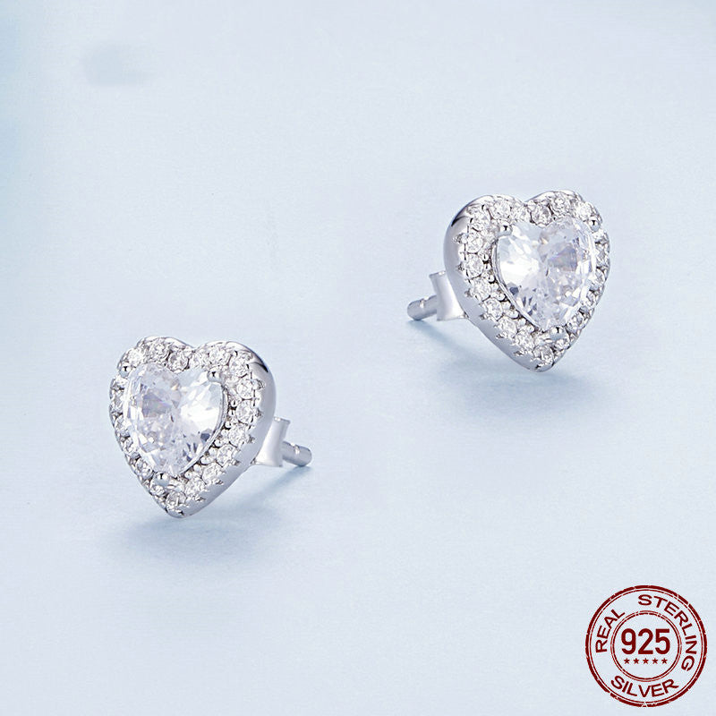 925 Sterling Silver Loving Heart Stud Earrings Female Shining Zircon-Jewearrings