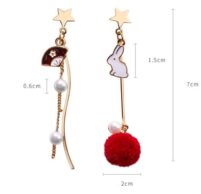 Sweet Cute Rabbit Hair Ball Asymmetric Earrings Personality Sweet Fan Curved Star Earrings Female For Women Stud Earrings-Jewearrings