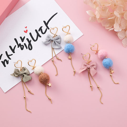 925 silver needle sweet hair ball bow love tassel earrings girl heart ball asymmetric earrings-Jewearrings