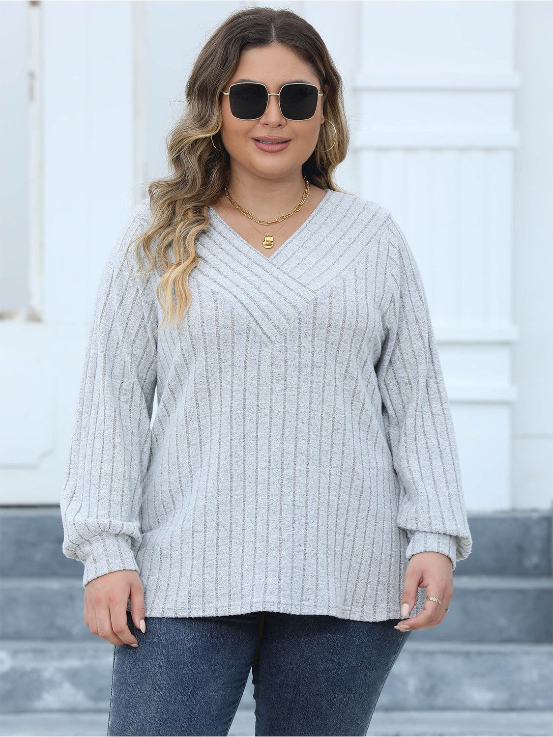 Plus Size Ribbed V-Neck Long Sleeve Top-Jewearrings