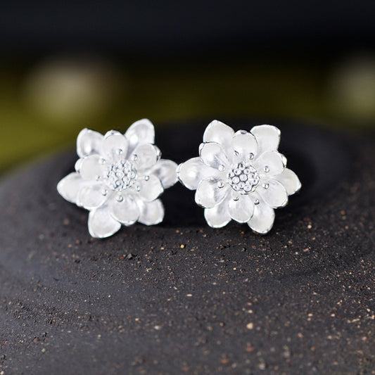 Literary Chinese Style Lotus s925 Sterling Silver Earrings-Jewearrings