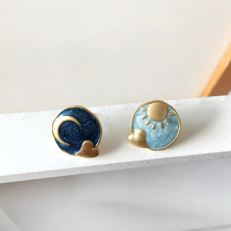 Sun Moon Stud Earrings Creative Round Oil Drop Earrings-Jewearrings