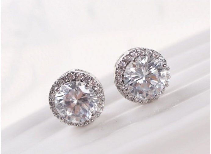 Fashion Women Girl White Rhinestone Crystal Round Metal Silver Zircon Ear Stud Earrings Patry Earring Jewelry-Jewearrings