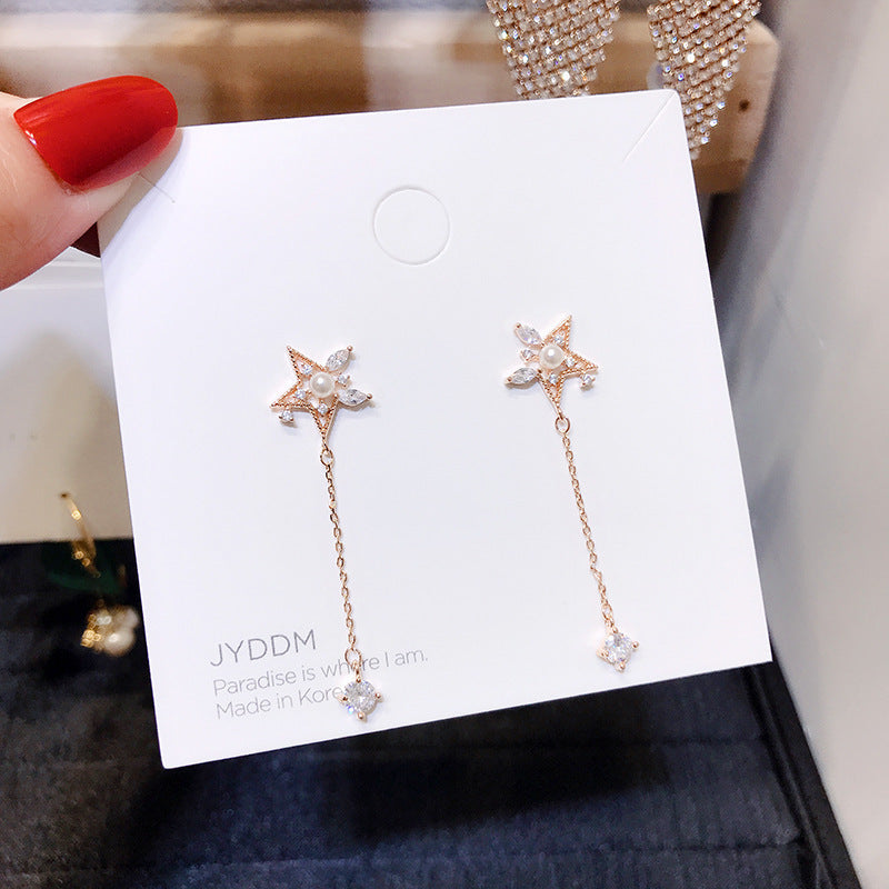 Personalized five-star pearl tassel earrings-Jewearrings