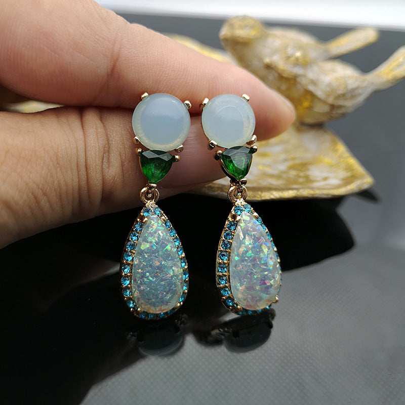 Noble Imitation Natural Jade and Chalcedony Opal Earrings-Jewearrings