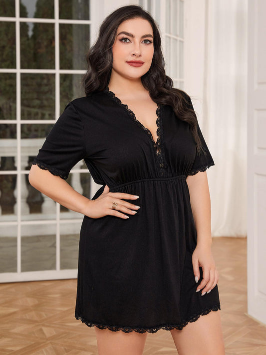 Plus Size Lace Trim Deep V Night Dress-Jewearrings