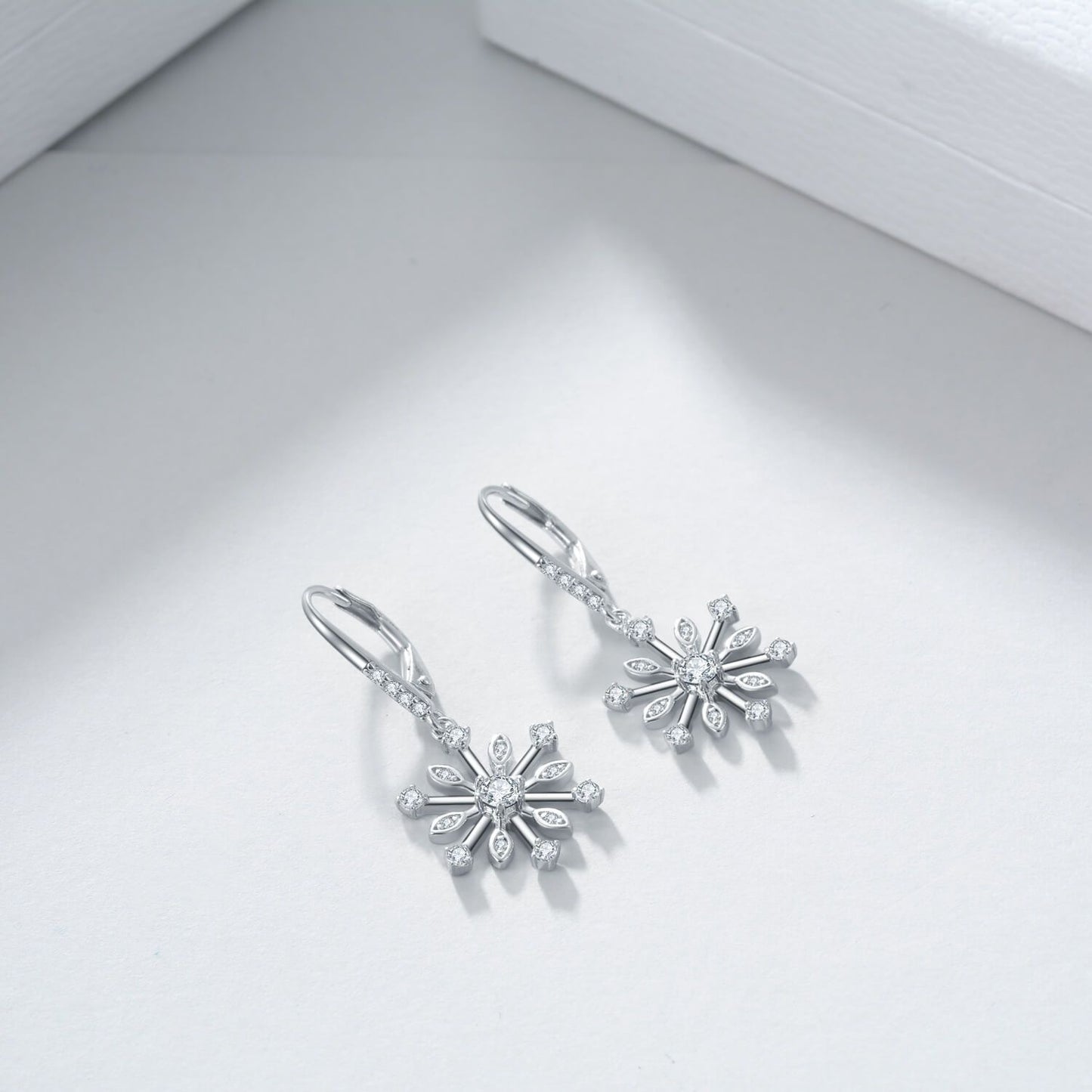 Sterling Silver Zirconia Snowflake Leverback Dangle Drop Earrings Jewelry-Jewearrings