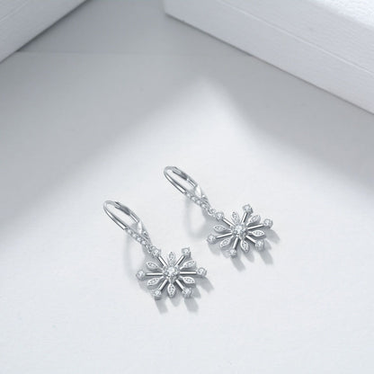 Sterling Silver Zirconia Snowflake Leverback Dangle Drop Earrings Jewelry-Jewearrings