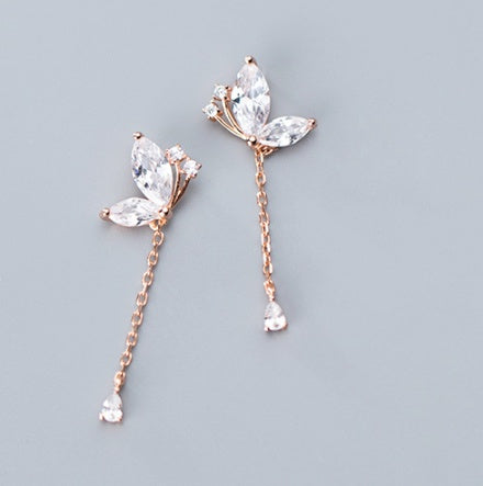 Sterling Silver Chain Tassel Zircon Butterfly Suitable For Fashionable Ladies Exquisite Earrings-Jewearrings