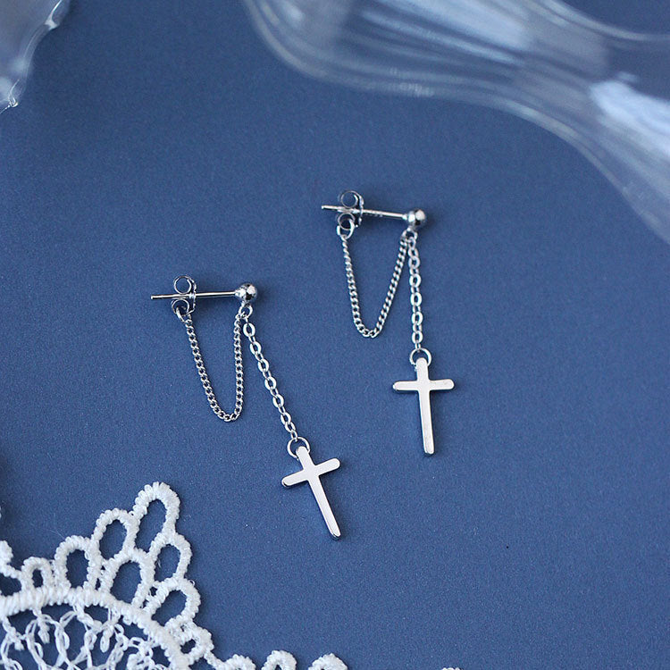 Cross chain tassel earrings in sterling silver-Jewearrings