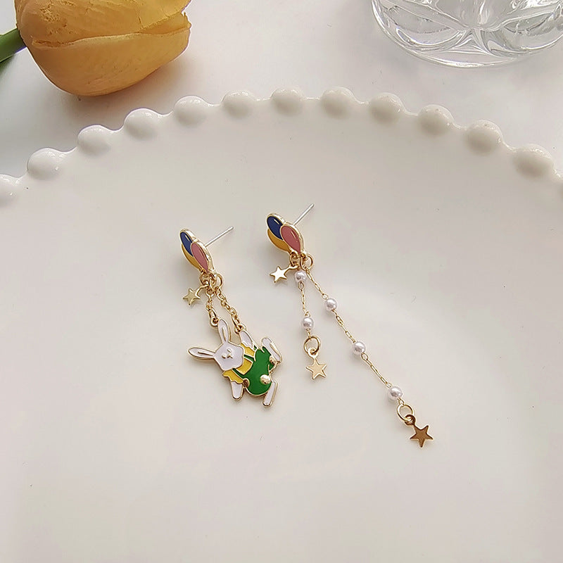 S925 Silver Needle Rabbit Carrot Bow Pearl Tassel Asymmetric Earrings-Jewearrings