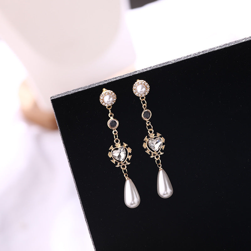 Pearl Earrings Love Rhinestones Long Earrings Women-Jewearrings