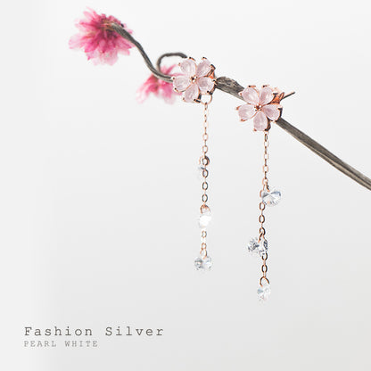 Ailuoqi S925 Silver Japanese Pink Lady Five Petal Flower Earrings Sweet Round Diamond Tassel Earrings-Jewearrings