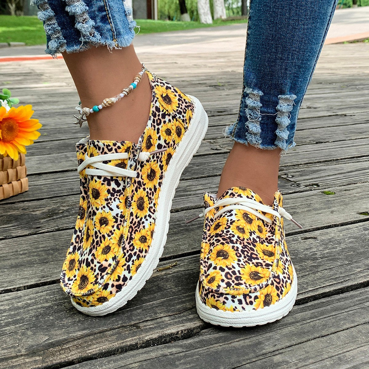 Printed Round Toe Flat Sneakers-Jewearrings