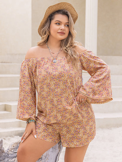 Plus Size Printed Off-Shoulder Top and Shorts Set-Jewearrings