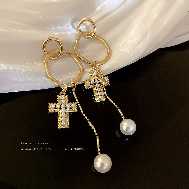 Silver Post Pearl Cross Tassel Geometric Earrings-Jewearrings