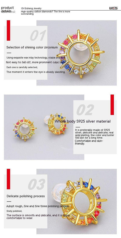 S925 Sterling Silver Rainbow Stud Earrings Full Of Colorful Zircon Sun Earrings-Jewearrings