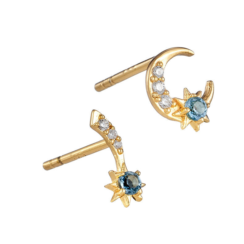 Star Moon Mini S925 Silver Gold Plated Natural Topaz Stud Earrings-Jewearrings