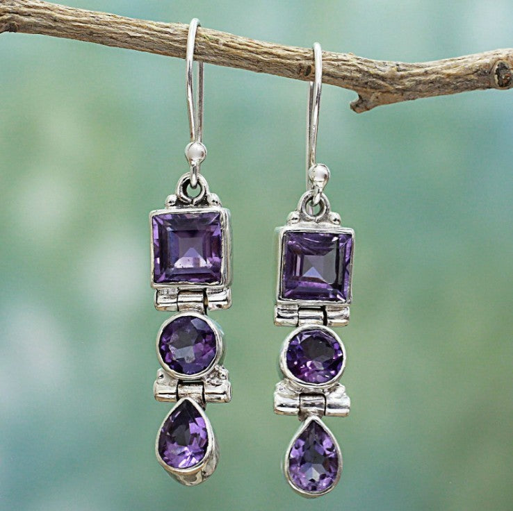 Silver 925 Jewelry Drop Earrings For Women Fashion Elegant Amethyst Dangle Earrings Wedding Wholesale Gift-Jewearrings