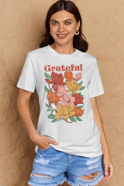 Simply Love Full Size GRATEFUL Flower Graphic Cotton T-Shirt-Jewearrings