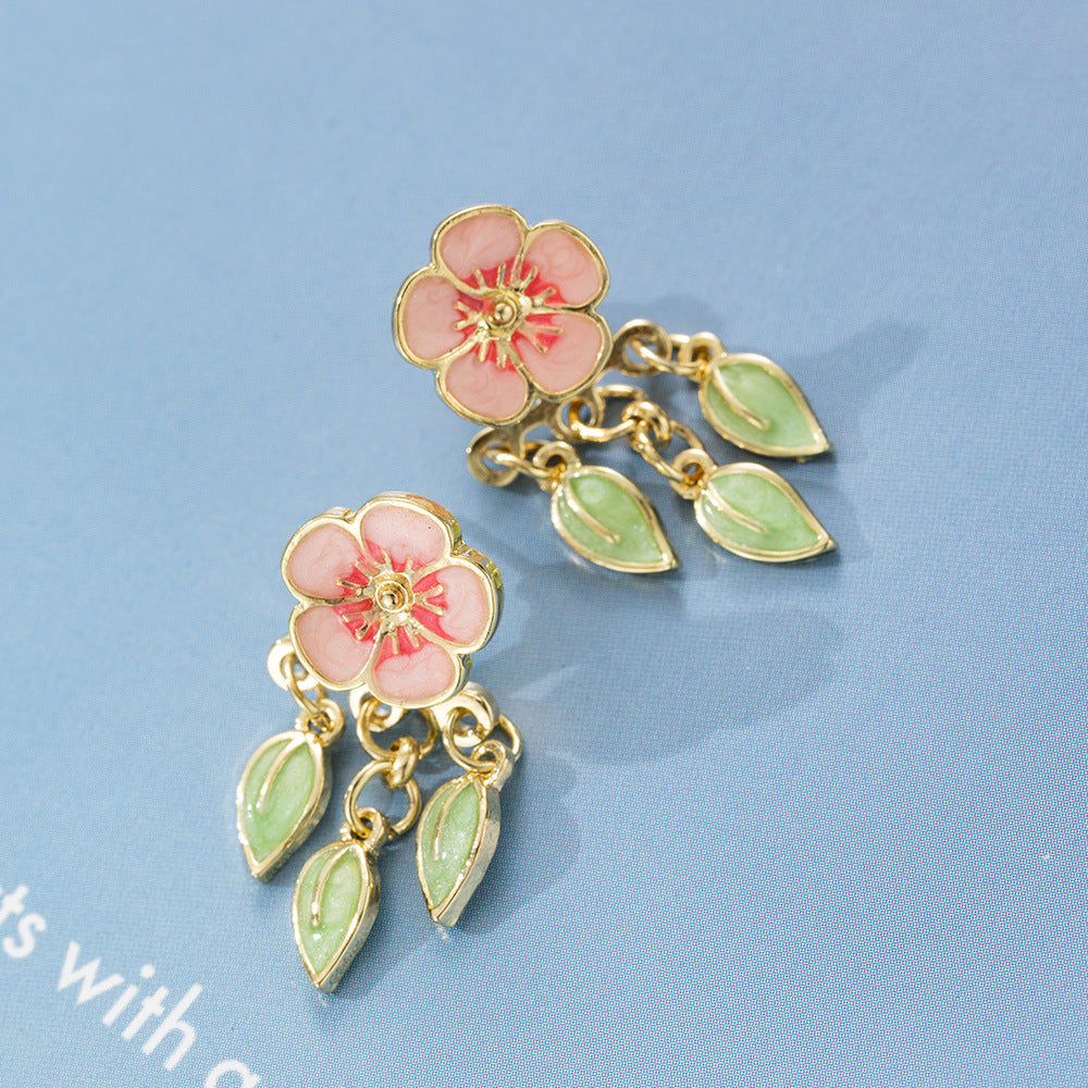 Special-interest Design Drop Oil Peach Blossom Leaf-shapepd Stud Earrings-Jewearrings