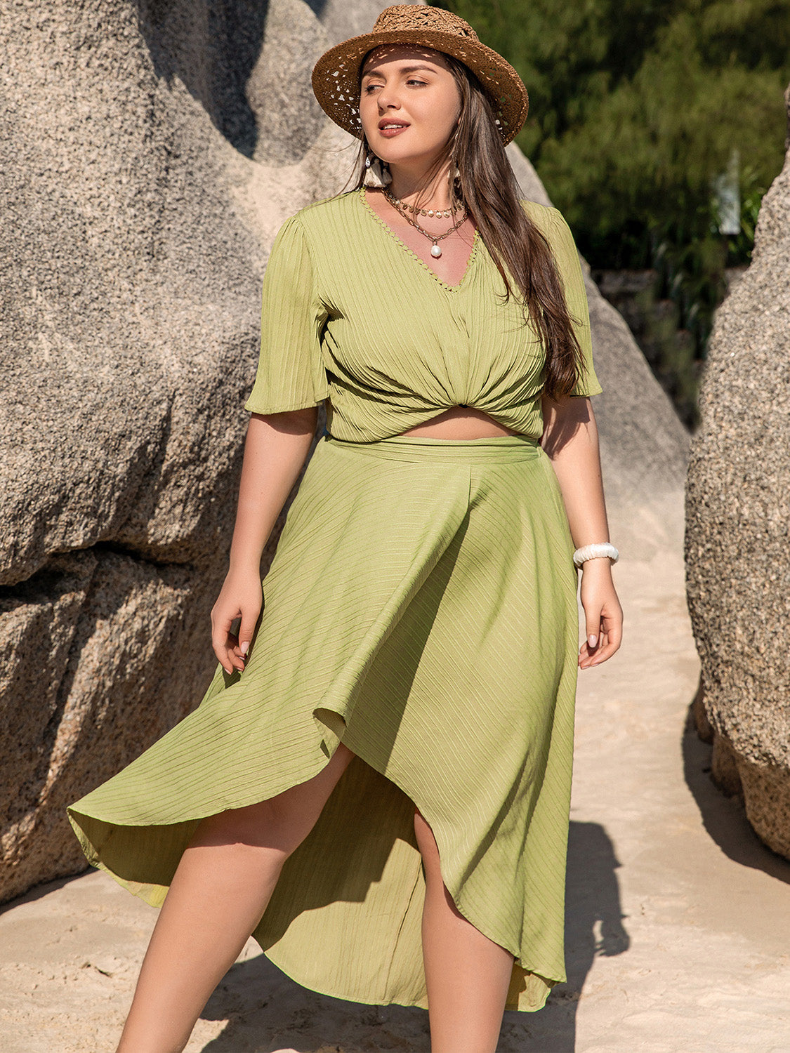 Plus Size V-Neck Half Sleeve Top and High-Low Skirt Set-Jewearrings