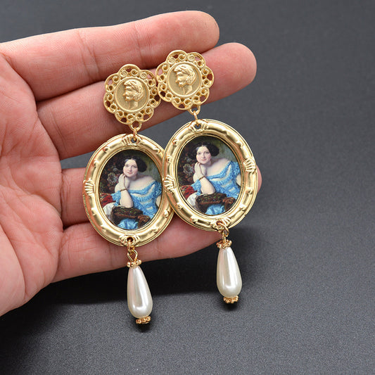 Vintage oil painting pearl earrings-Jewearrings