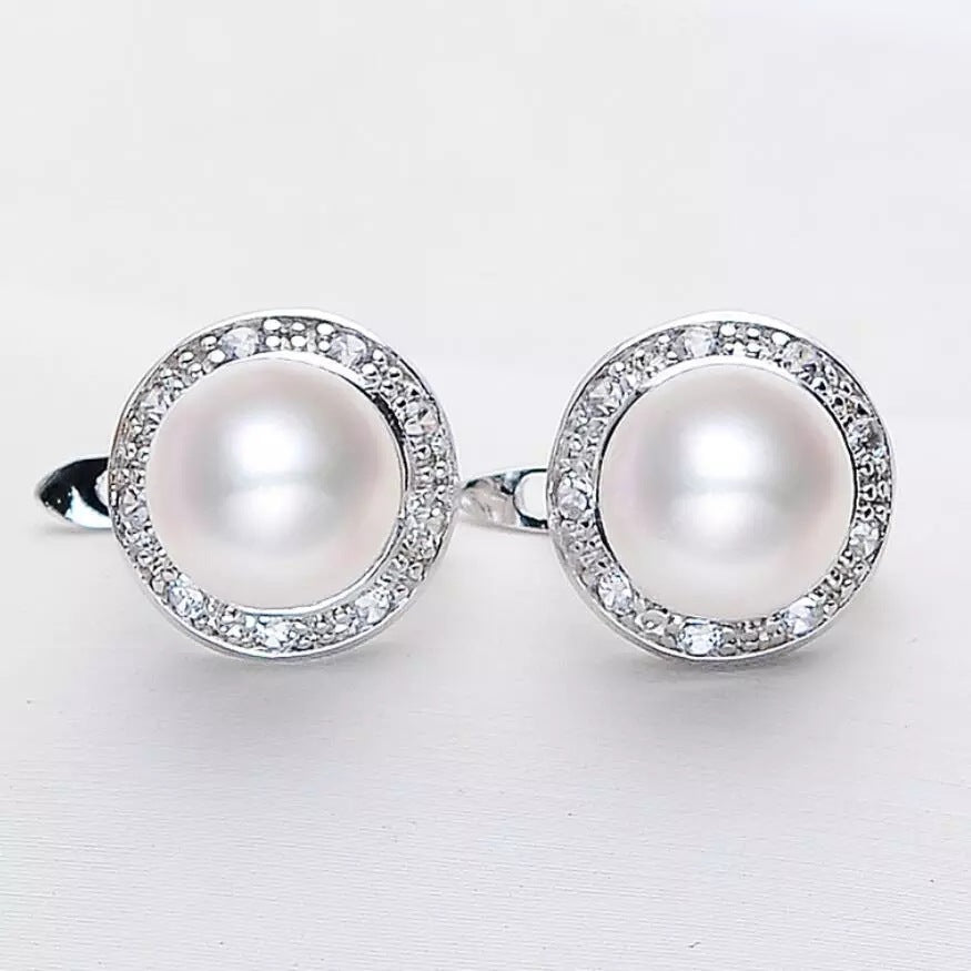 Women's Round Zircon Pearl Stud Earrings-Jewearrings