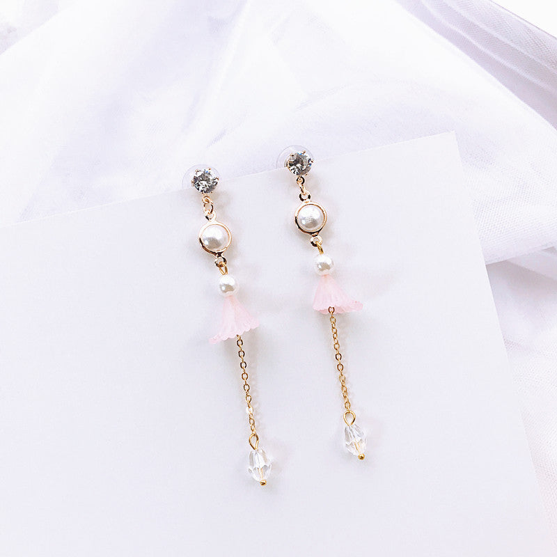 Pearl Flower Earrings Bow Tassel Earrings-Jewearrings